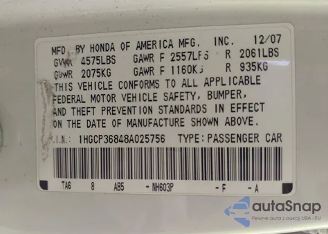2008 Honda Accord 3.5 Ex-L from USA, damaged, VIN 1HGCP36848A025756